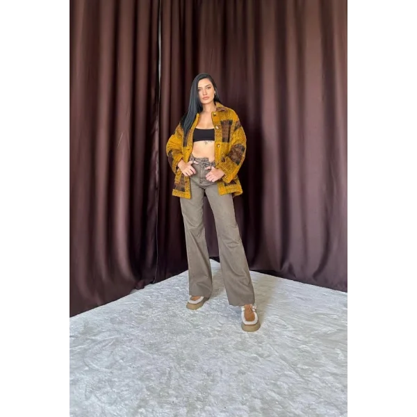 Hardal iyah Düğmeli Ekoseli Kaban