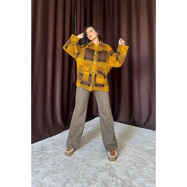 Hardal iyah Düğmeli Ekoseli Kaban