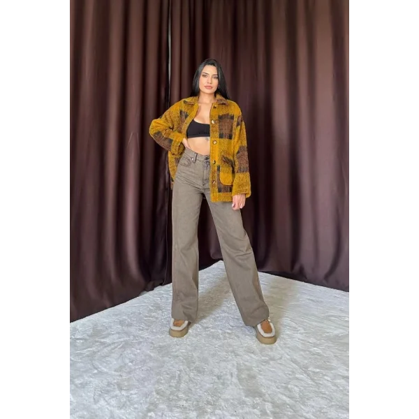 Hardal iyah Düğmeli Ekoseli Kaban