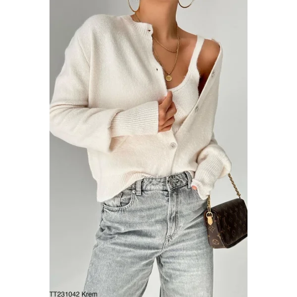 Hırka Atlet İkili Takım  Krem