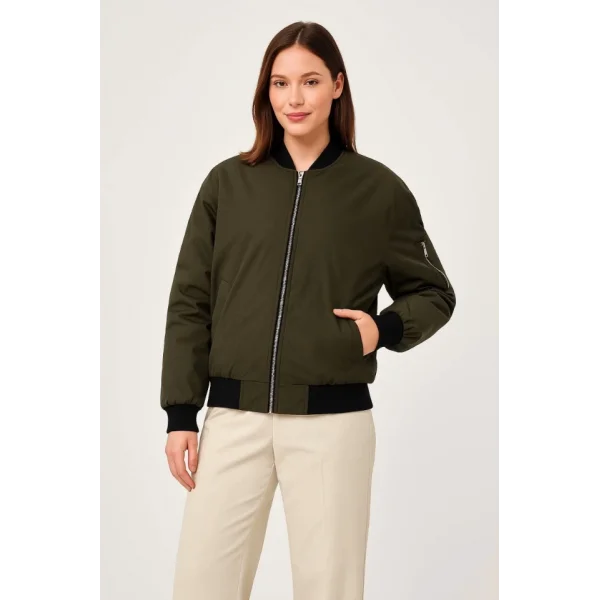 Içi Astarlı Fermuarlı Bomber Mont Ceket - Haki