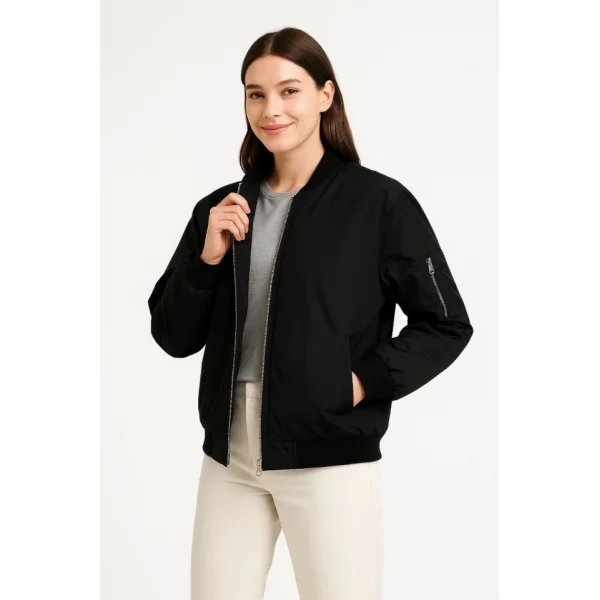 Içi Astarlı Fermuarlı Bomber Mont Ceket - Siyah