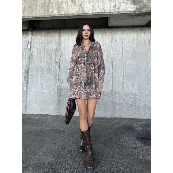 içi astarlı Şifon Elbise - Desenli