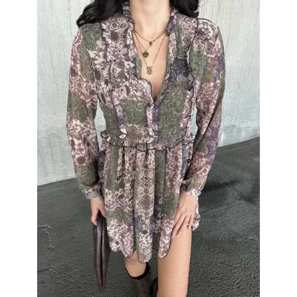 içi astarlı Şifon Elbise - Desenli