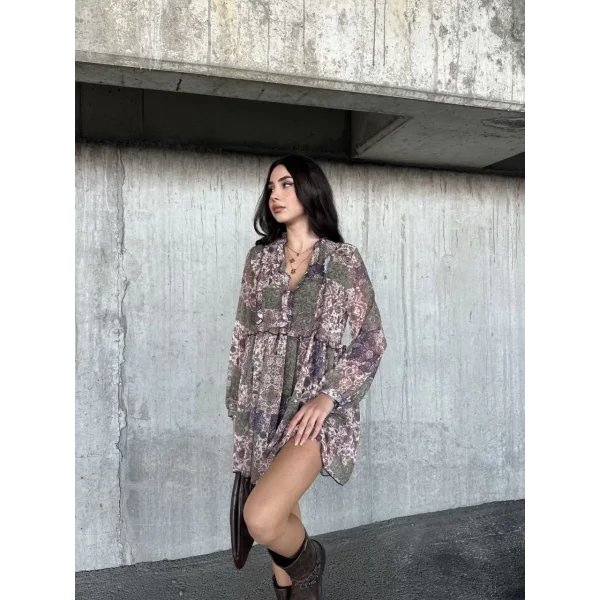 içi astarlı Şifon Elbise - Desenli