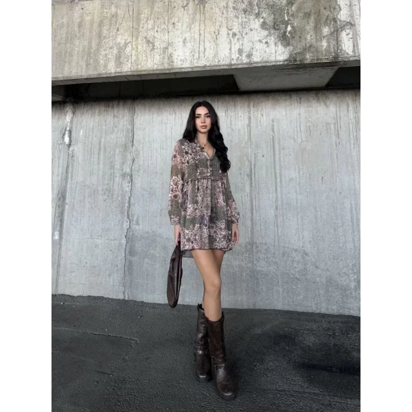 içi astarlı Şifon Elbise - Desenli