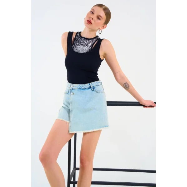 İçi Baskılı Halter Yaka Kaşkorse Atlet - Siyah