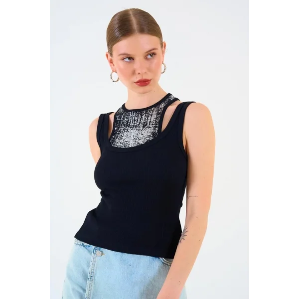 İçi Baskılı Halter Yaka Kaşkorse Atlet - Siyah