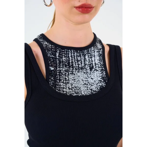 İçi Baskılı Halter Yaka Kaşkorse Atlet - Siyah