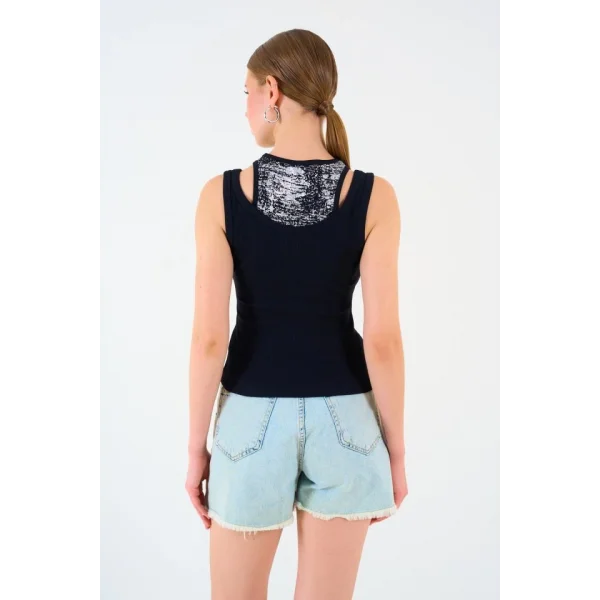 İçi Baskılı Halter Yaka Kaşkorse Atlet - Siyah