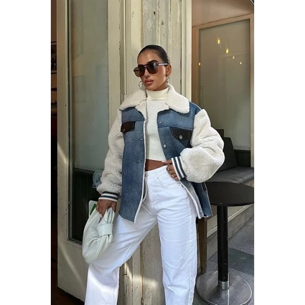 İçi Kürklü Deri Garnili Denim Görünümlü Ceket 6116