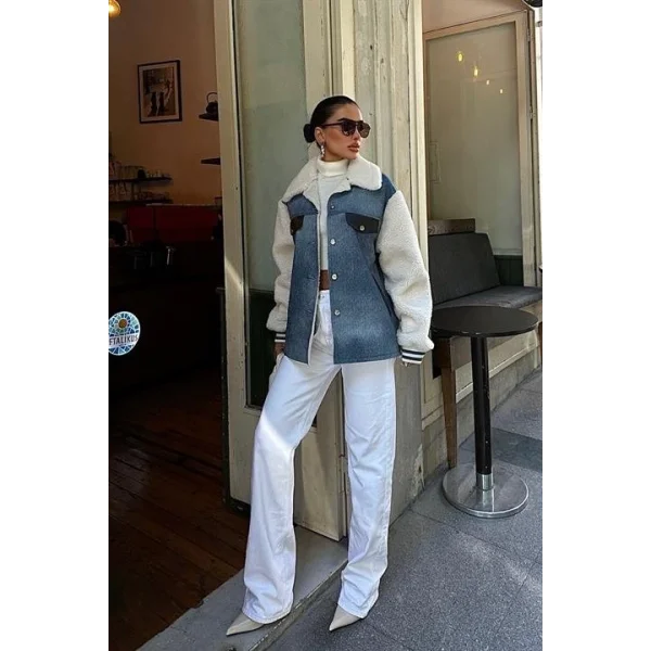 İçi Kürklü Deri Garnili Denim Görünümlü Ceket 6116