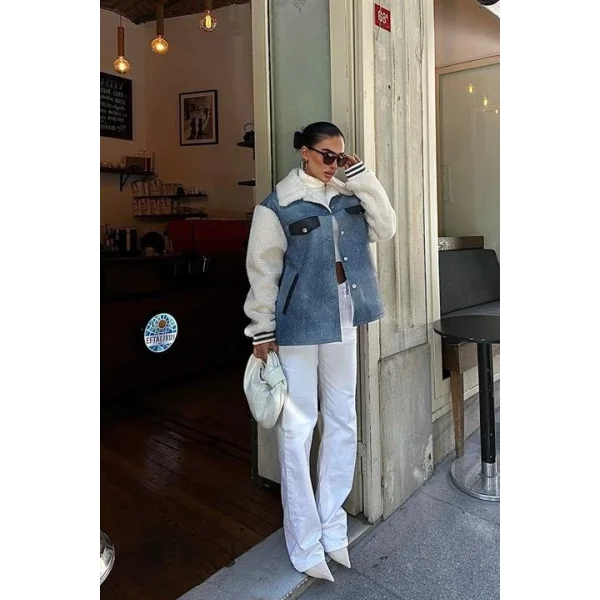 İçi Kürklü Deri Garnili Denim Görünümlü Ceket 6116