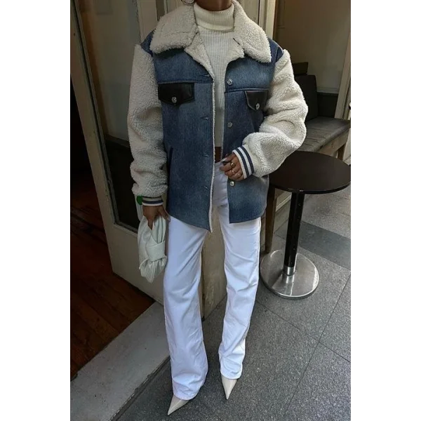 İçi Kürklü Deri Garnili Denim Görünümlü Ceket 6116
