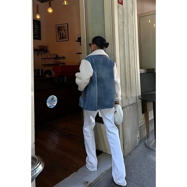 İçi Kürklü Deri Garnili Denim Görünümlü Ceket 6116