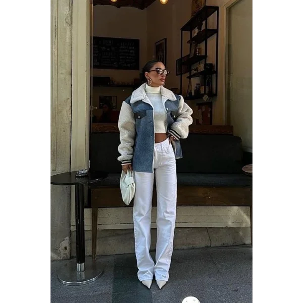 İçi Kürklü Deri Garnili Denim Görünümlü Ceket 6116