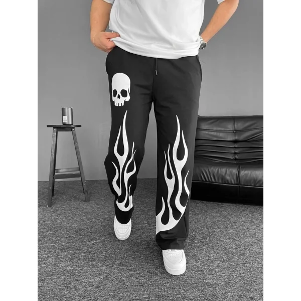 İki İplik Kumaş Baskılı Beli Lastikli Boru Paça Baggy Alt Esofman - Siyah