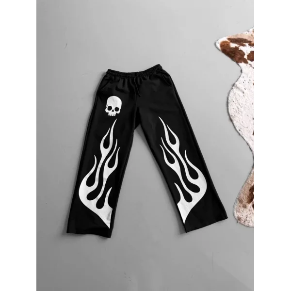 İki İplik Kumaş Baskılı Beli Lastikli Boru Paça Baggy Alt Esofman - Siyah