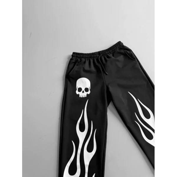 İki İplik Kumaş Baskılı Beli Lastikli Boru Paça Baggy Alt Esofman - Siyah