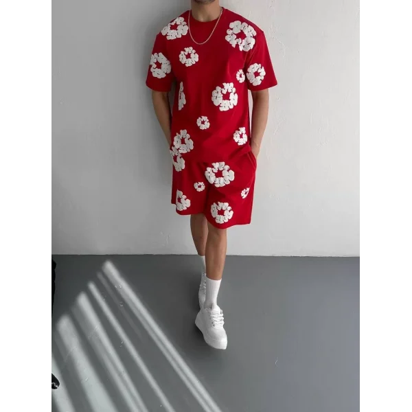 İki İplik Kumaş Baskılı T-shirt Şortlu Takım- Kırmızı