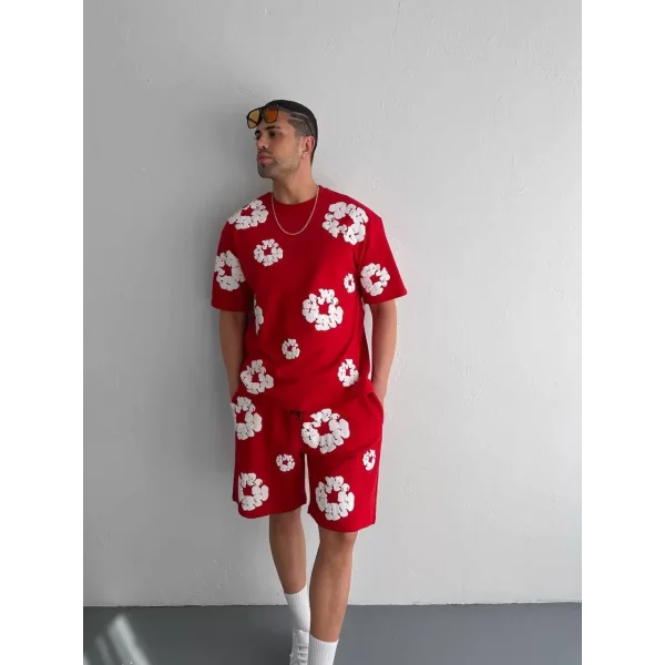İki İplik Kumaş Baskılı T-shirt Şortlu Takım- Kırmızı