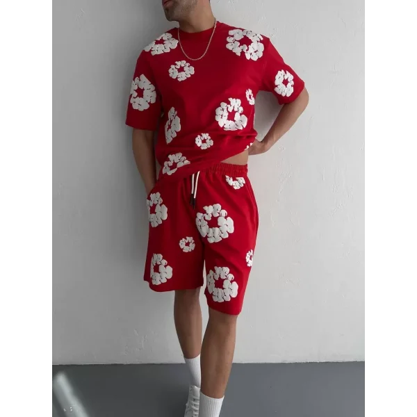 İki İplik Kumaş Baskılı T-shirt Şortlu Takım- Kırmızı