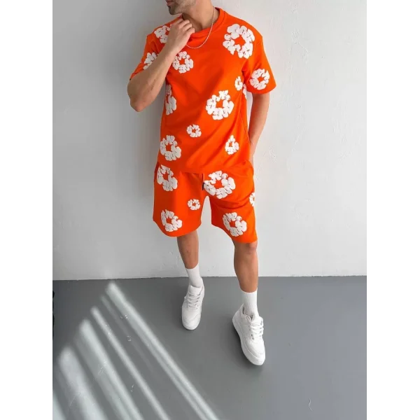 İki İplik Kumaş Baskılı T-shirt Şortlu Takım- Turuncu