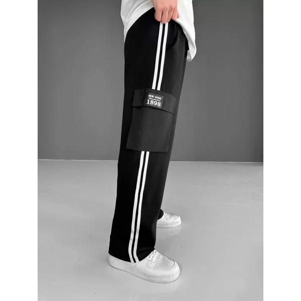 İki İplik Kumaş Kargo Cepli Şeritli Alt Esofman - Siyah