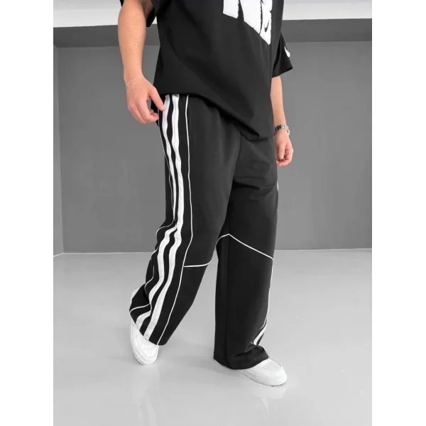 İki İplik Kumaş Şeritli Alt Esofman - Siyah