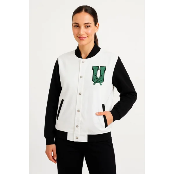 İki İplik Nakış İşlemeli Kolej Ceket - Beyaz