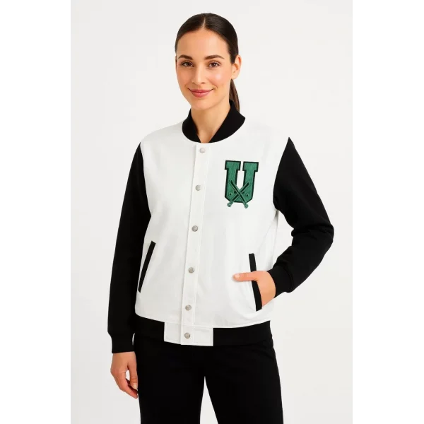 İki İplik Nakış İşlemeli Kolej ceket - Beyaz