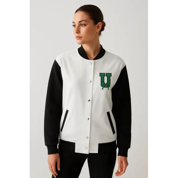 İki İplik Nakış İşlemeli Kolej ceket - Beyaz