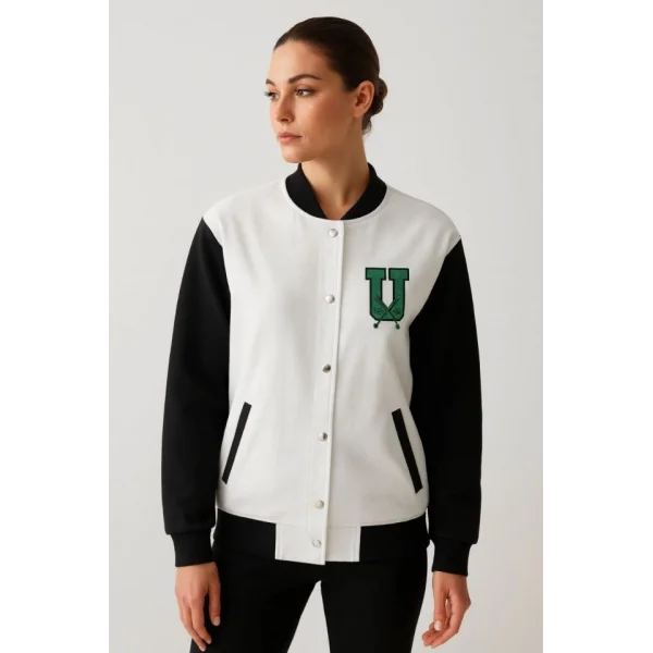 İki İplik Nakış İşlemeli Kolej Ceket - Beyaz