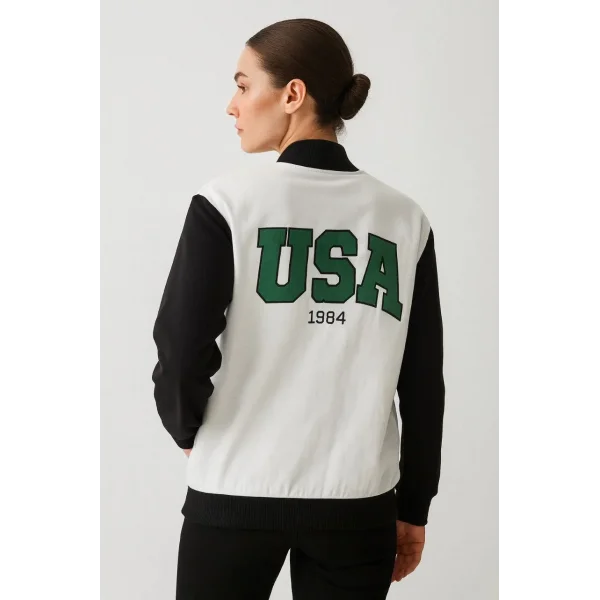 İki İplik Nakış İşlemeli Kolej ceket - Beyaz