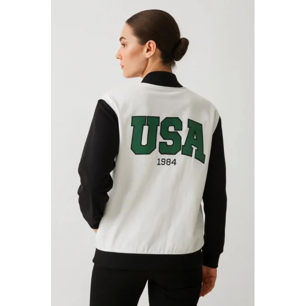 İki İplik Nakış İşlemeli Kolej Ceket - Beyaz