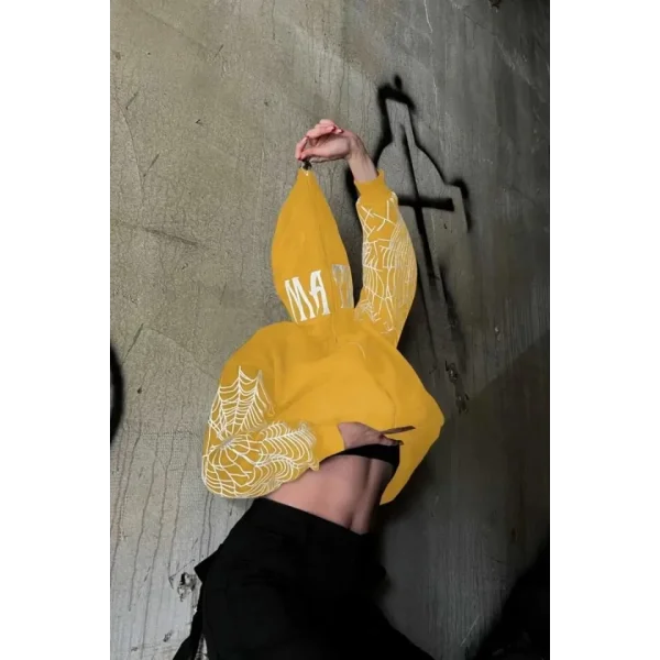 İki İplik Örümcek Baskılı Oversize Hırka - Sarı