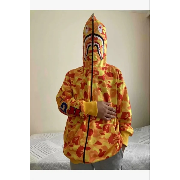 İki İplik Zıp Fermuarlı Nakışlı Kapüşonlu Hırka - Sarı