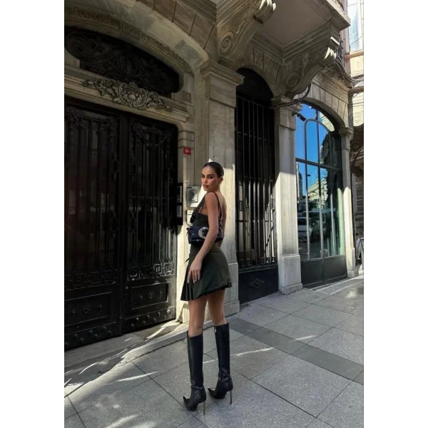 İki Parçalı Pileli Askılı ini Elbise  Haki