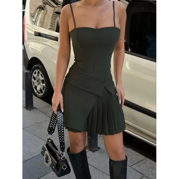 İki Parçalı Pileli Askılı Kadın Mini Elbise - Haki