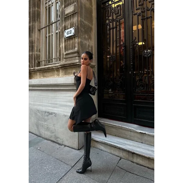 İki Parçalı Pileli Askılı Kadın Mini Elbise - Siyah