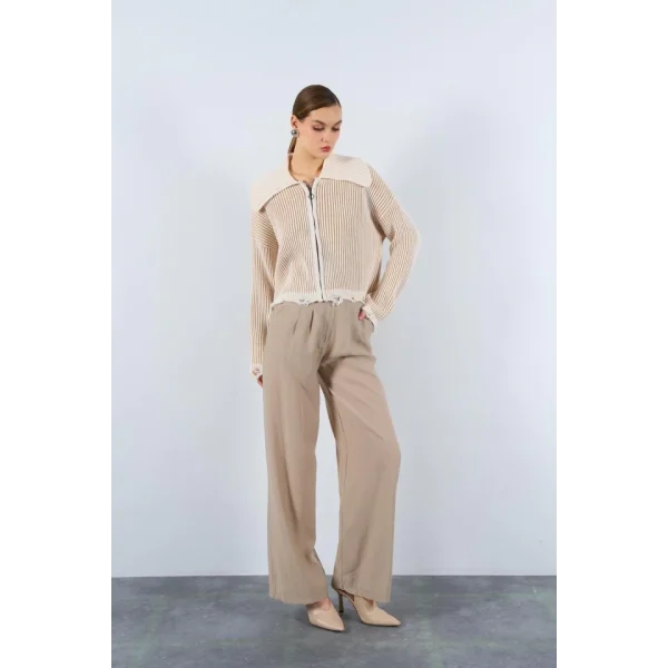 İki Renk Yırtıklı Hırka  KremBej