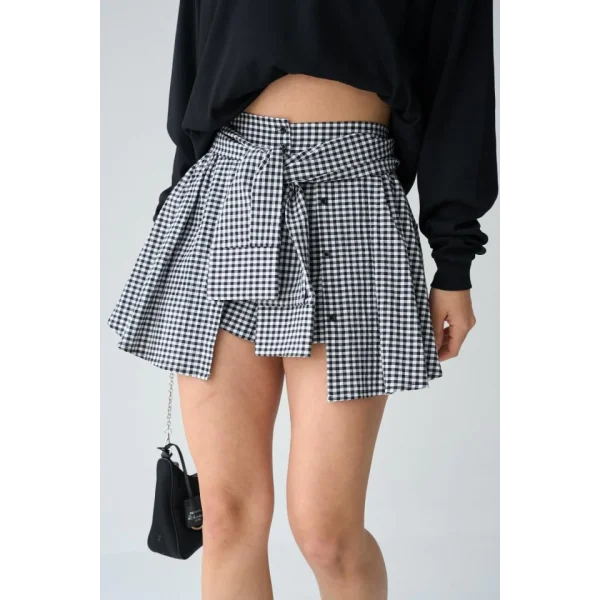 İki Renkli Gömlek Bağlamalı Şort - Siyah-Beyaz