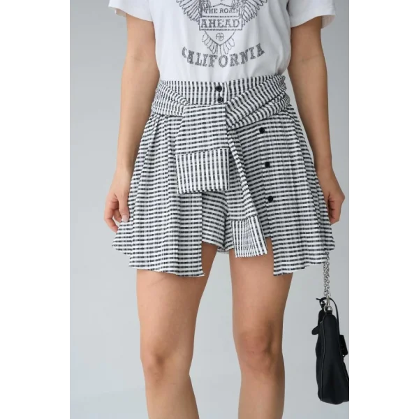 İki Renkli Gömlek Bağlamalı Şort - Siyah-Gri