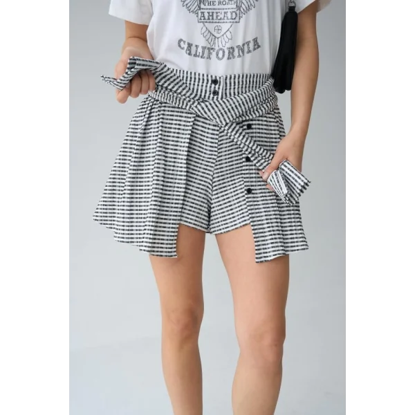 İki Renkli Gömlek Bağlamalı Şort - Siyah-Gri