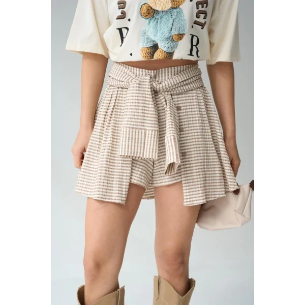 İki Renkli Gömlek Bağlamalı Şort - Vizon-Kahve