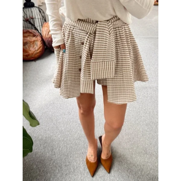 İki Renkli Gömlek Bağlamalı Şort - Vizon-Kahve