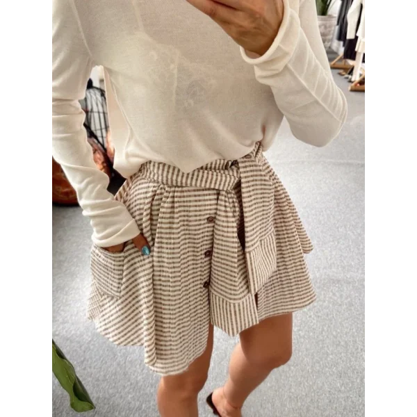 İki Renkli Gömlek Bağlamalı Şort - Vizon-Kahve