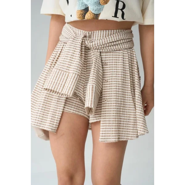 İki Renkli Gömlek Bağlamalı Şort - Vizon-Kahve