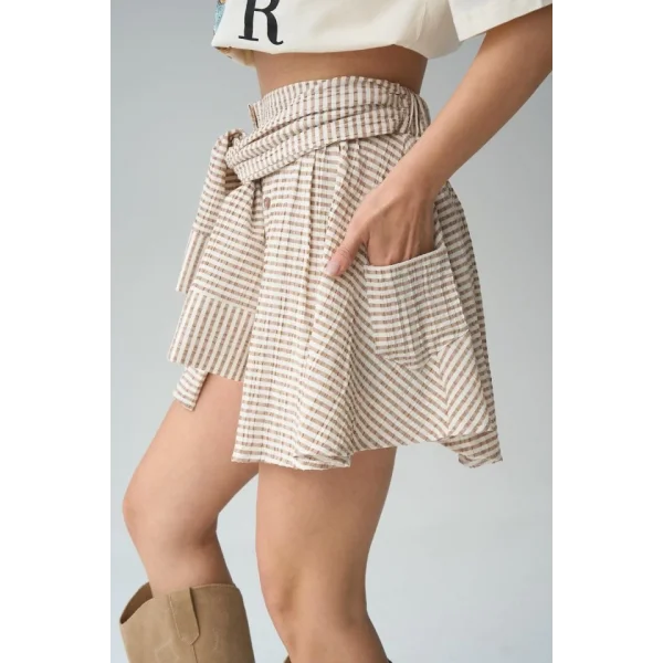 İki Renkli Gömlek Bağlamalı Şort - Vizon-Kahve