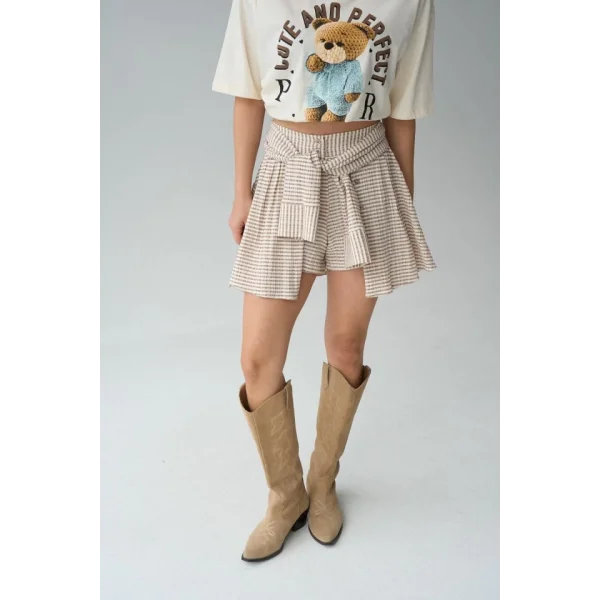 İki Renkli Gömlek Bağlamalı Şort - Vizon-Kahve